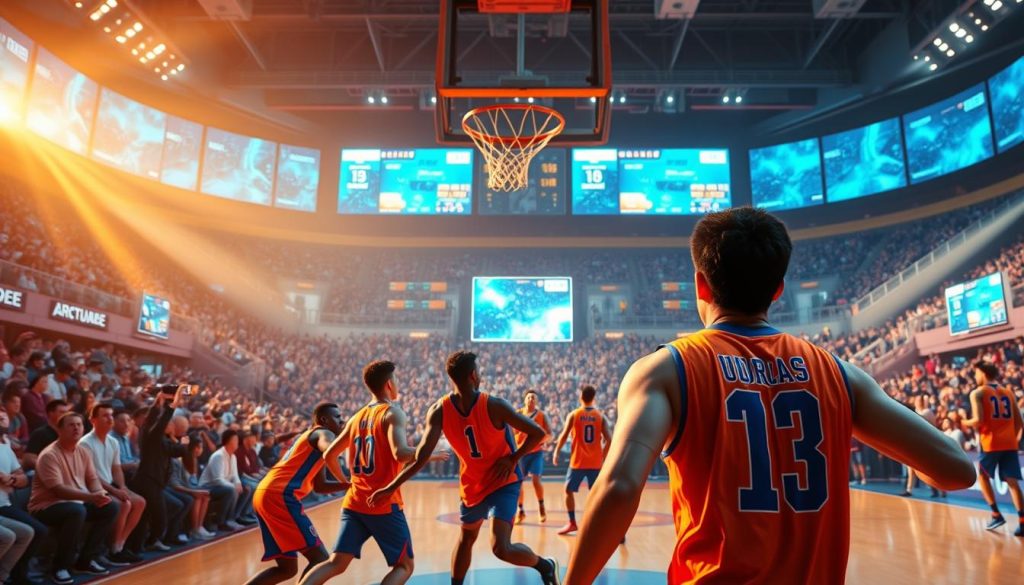 A dynamic sports tournament arena in augmented reality. In the foreground, athletes in vibrant jerseys compete in a high-intensity basketball game, their movements captured by motion-tracking cameras. The middle ground features spectators immersed in the action, their faces lit by the glow of 5G-enabled AR displays. In the background, a sleek, futuristic stadium backdrop with holographic scoreboards and virtual signage, all powered by the lightning-fast speeds of 5G technology. Warm, saturated lighting casts a sense of energy and excitement, while a cinematic camera angle emphasizes the scale and excitement of this cutting-edge sports experience.