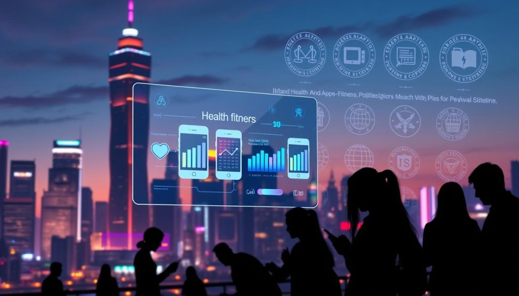 A futuristic cityscape at dusk, with towering skyscrapers and a vibrant neon glow. In the foreground, a transparent touchscreen display hovers, showcasing various health and fitness apps with data visualization elements. The display is surrounded by silhouettes of people interacting with their mobile devices, their faces obscured by digital shadows. In the background, a series of government seals and regulatory symbols fade in and out, hinting at the complex web of data privacy policies and guidelines governing these applications. The overall scene conveys a sense of tension between technological innovation and the need for robust data privacy protections. A futuristic cityscape at dusk, with towering skyscrapers and a vibrant neon glow. In the foreground, a transparent touchscreen display hovers, showcasing various health and fitness apps with data visualization elements. The display is surrounded by silhouettes of people interacting with their mobile devices, their faces obscured by digital shadows. In the background, a series of government seals and regulatory symbols fade in and out, hinting at the complex web of data privacy policies and guidelines governing these applications. The overall scene conveys a sense of tension between technological innovation and the need for robust data privacy protections.