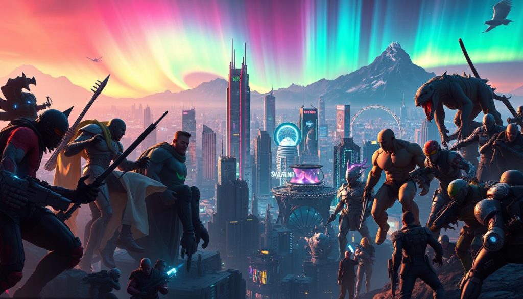 A futuristic cityscape where gaming worlds collide, set against a vibrant, neon-tinged skyline. In the foreground, larger-than-life game characters from diverse genres interact and intertwine, their iconic designs melding seamlessly. The middle ground features towering skyscrapers and floating holographic displays, blending technology and fantasy. In the background, towering mountains and a luminescent aurora borealis create a sense of wonder and possibility. Lighting is dramatic, with warm hues and sharp contrasts, capturing the excitement and energy of this convergence of gaming universes. The overall atmosphere is one of innovation, collaboration, and a glimpse into the boundless potential of the future of gaming. A futuristic cityscape where gaming worlds collide, set against a vibrant, neon-tinged skyline. In the foreground, larger-than-life game characters from diverse genres interact and intertwine, their iconic designs melding seamlessly. The middle ground features towering skyscrapers and floating holographic displays, blending technology and fantasy. In the background, towering mountains and a luminescent aurora borealis create a sense of wonder and possibility. Lighting is dramatic, with warm hues and sharp contrasts, capturing the excitement and energy of this convergence of gaming universes. The overall atmosphere is one of innovation, collaboration, and a glimpse into the boundless potential of the future of gaming.
