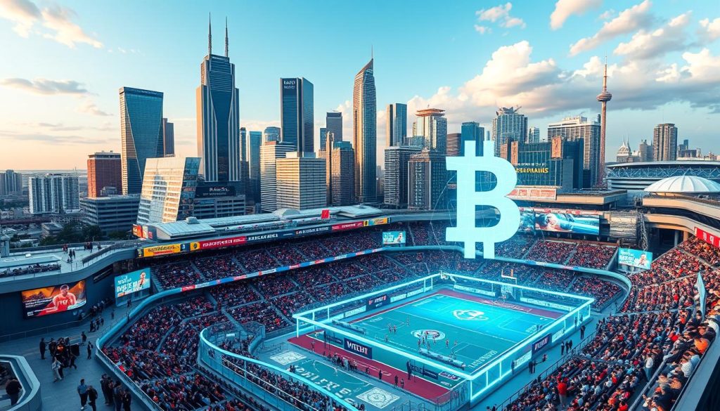 A futuristic cityscape with a prominent blockchain service platform, surrounded by vibrant scenes of major sporting events. In the foreground, a holographic display showcases real-time data and transactions related to ticketing, merchandise, and athlete sponsorships. The middle ground features a bustling stadium concourse, where fans use their digital wallets to access the event, purchase concessions, and interact with interactive kiosks. In the background, towering skyscrapers and advanced transportation systems set the stage for the seamless integration of blockchain technology into the world of professional sports. A futuristic cityscape with a prominent blockchain service platform, surrounded by vibrant scenes of major sporting events. In the foreground, a holographic display showcases real-time data and transactions related to ticketing, merchandise, and athlete sponsorships. The middle ground features a bustling stadium concourse, where fans use their digital wallets to access the event, purchase concessions, and interact with interactive kiosks. In the background, towering skyscrapers and advanced transportation systems set the stage for the seamless integration of blockchain technology into the world of professional sports.