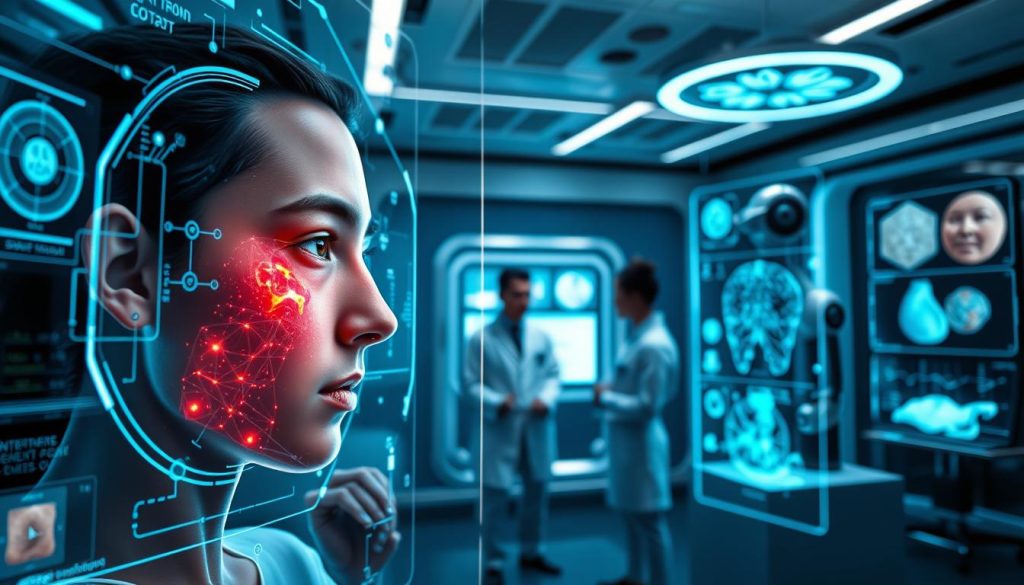A futuristic digital dermatology clinic, with sleek holographic displays and advanced diagnostic tools. In the foreground, a close-up of a human face undergoing a detailed skin analysis, with AI-powered algorithms highlighting areas of concern. The middle ground features a team of medical professionals examining the data, while the background showcases the clinic's cutting-edge technology, from robotic arms to 3D-printed skin samples. The lighting is cool and clinical, with a sense of innovation and scientific progress permeating the scene. The overall atmosphere conveys the challenges and trends of this emerging field, blending cutting-edge technology with personalized healthcare. A futuristic digital dermatology clinic, with sleek holographic displays and advanced diagnostic tools. In the foreground, a close-up of a human face undergoing a detailed skin analysis, with AI-powered algorithms highlighting areas of concern. The middle ground features a team of medical professionals examining the data, while the background showcases the clinic's cutting-edge technology, from robotic arms to 3D-printed skin samples. The lighting is cool and clinical, with a sense of innovation and scientific progress permeating the scene. The overall atmosphere conveys the challenges and trends of this emerging field, blending cutting-edge technology with personalized healthcare.