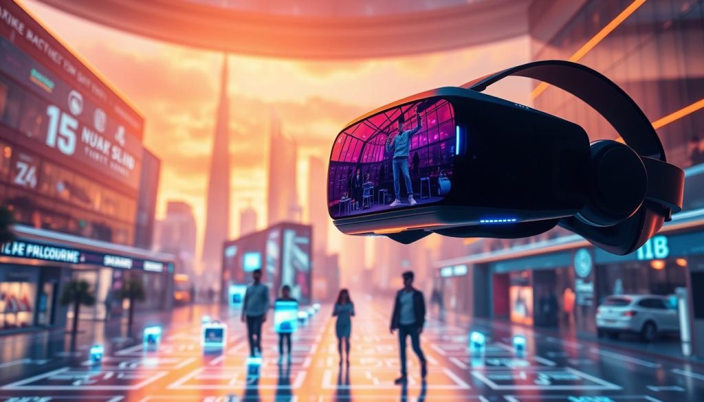 A futuristic e-commerce landscape, bathed in a warm, ambient glow. In the foreground, a sleek virtual reality headset hovers, its lenses reflecting the vibrant digital displays of products and experiences. The middle ground features lifelike digital avatars navigating a seamless, immersive shopping environment, surrounded by floating holographic interfaces and dynamic product visualizations. In the background, a cityscape of towering, high-tech retail hubs blends the physical and digital realms, hinting at the convergence of traditional commerce and cutting-edge virtual experiences. The scene conveys a sense of wonder, innovation, and the transformative potential of VR in the future of retail. A futuristic e-commerce landscape, bathed in a warm, ambient glow. In the foreground, a sleek virtual reality headset hovers, its lenses reflecting the vibrant digital displays of products and experiences. The middle ground features lifelike digital avatars navigating a seamless, immersive shopping environment, surrounded by floating holographic interfaces and dynamic product visualizations. In the background, a cityscape of towering, high-tech retail hubs blends the physical and digital realms, hinting at the convergence of traditional commerce and cutting-edge virtual experiences. The scene conveys a sense of wonder, innovation, and the transformative potential of VR in the future of retail.