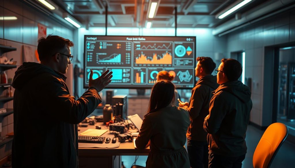 A futuristic laboratory setting with a team of game developers intently studying data visualizations on a large screen. Warm, directional lighting illuminates the workspace, casting shadows that convey a sense of focus and purpose. In the foreground, a developer gestures towards the screen, while others take notes or confer. The middle ground features a mix of technical equipment, whiteboards, and prototypes, hinting at the iterative process of game development. The background blurs into a sleek, minimalist environment, emphasizing the high-tech nature of the solutions being explored. The overall mood is one of analytical problem-solving, with a determination to address the challenges faced by the game's player base.