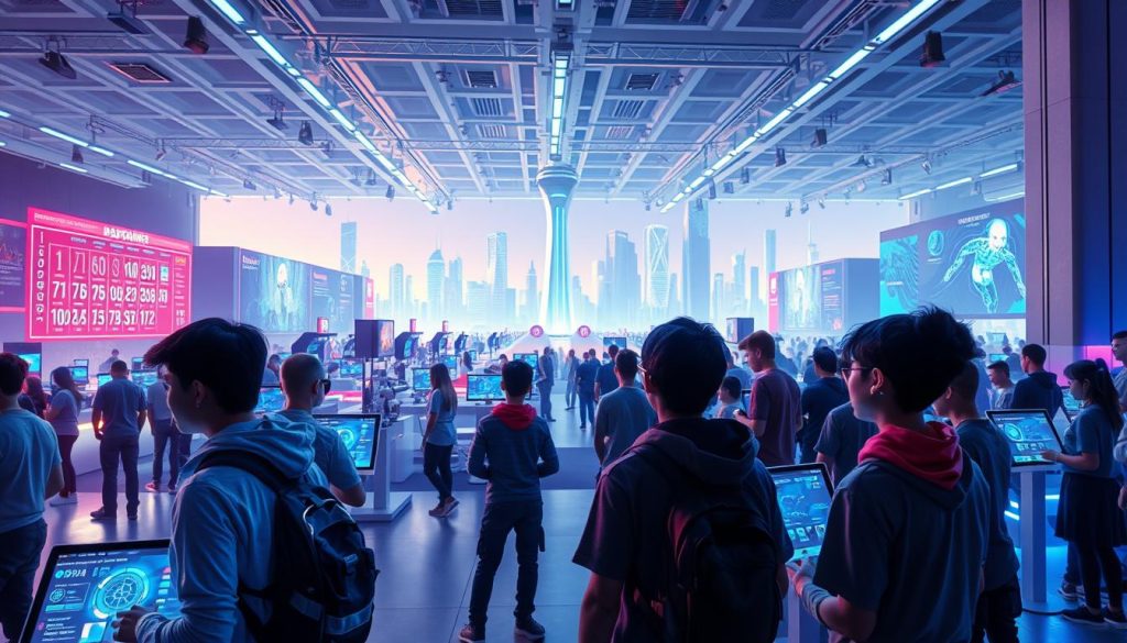 A futuristic science fair showcasing the latest eSports technologies. In the foreground, teams of young competitors intently monitor the data visualizations on their sleek, holographic displays. The middle ground features a vast exhibition hall filled with cutting-edge prototypes - robotic exoskeletons, virtual reality training rigs, and advanced analytics platforms. Bathed in a cool, neon-tinged lighting, the background reveals a panoramic view of a towering, ultramodern cityscape - a testament to the boundless potential of blending sports, science, and technology to inspire the next generation. A futuristic science fair showcasing the latest eSports technologies. In the foreground, teams of young competitors intently monitor the data visualizations on their sleek, holographic displays. The middle ground features a vast exhibition hall filled with cutting-edge prototypes - robotic exoskeletons, virtual reality training rigs, and advanced analytics platforms. Bathed in a cool, neon-tinged lighting, the background reveals a panoramic view of a towering, ultramodern cityscape - a testament to the boundless potential of blending sports, science, and technology to inspire the next generation.