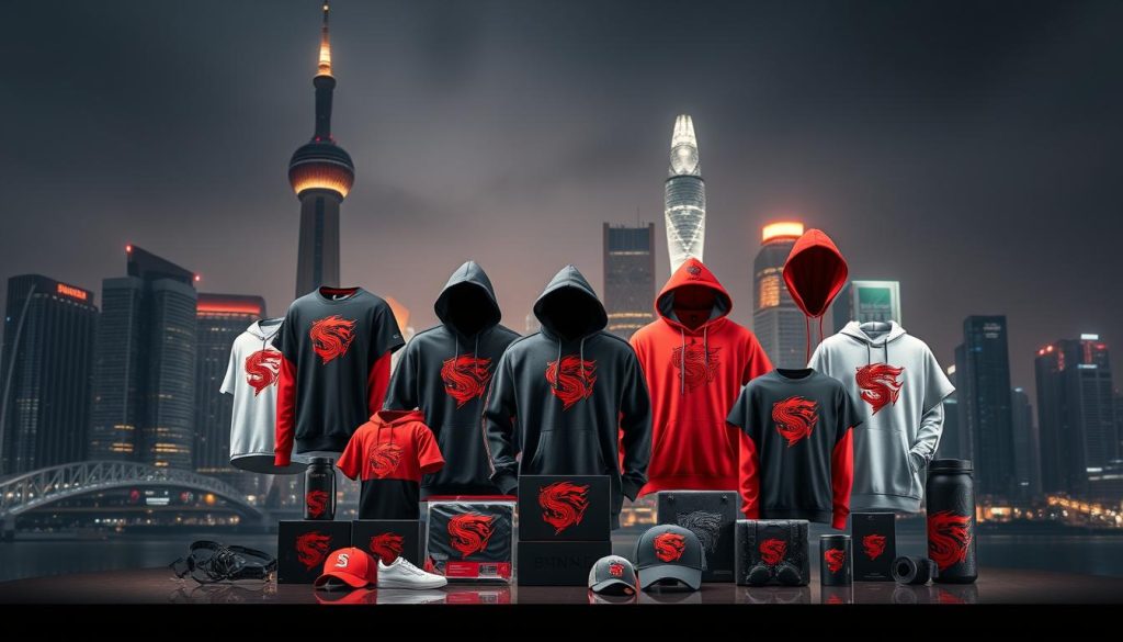 A gleaming high-rise cityscape of Shanghai, China, serves as the backdrop. In the foreground, a dynamic display of Shanghai Dragons merchandise stands proudly, showcasing a diverse array of jerseys, hoodies, hats, and accessories. The products are presented in a sleek, modern design, with bold team colors and logos that capture the essence of the eSports organization. Strategically placed lighting casts a warm, inviting glow, highlighting the quality and attention to detail in the merchandise. The composition conveys a sense of energy, professionalism, and a deep connection between the team and its devoted fanbase. A gleaming high-rise cityscape of Shanghai, China, serves as the backdrop. In the foreground, a dynamic display of Shanghai Dragons merchandise stands proudly, showcasing a diverse array of jerseys, hoodies, hats, and accessories. The products are presented in a sleek, modern design, with bold team colors and logos that capture the essence of the eSports organization. Strategically placed lighting casts a warm, inviting glow, highlighting the quality and attention to detail in the merchandise. The composition conveys a sense of energy, professionalism, and a deep connection between the team and its devoted fanbase.