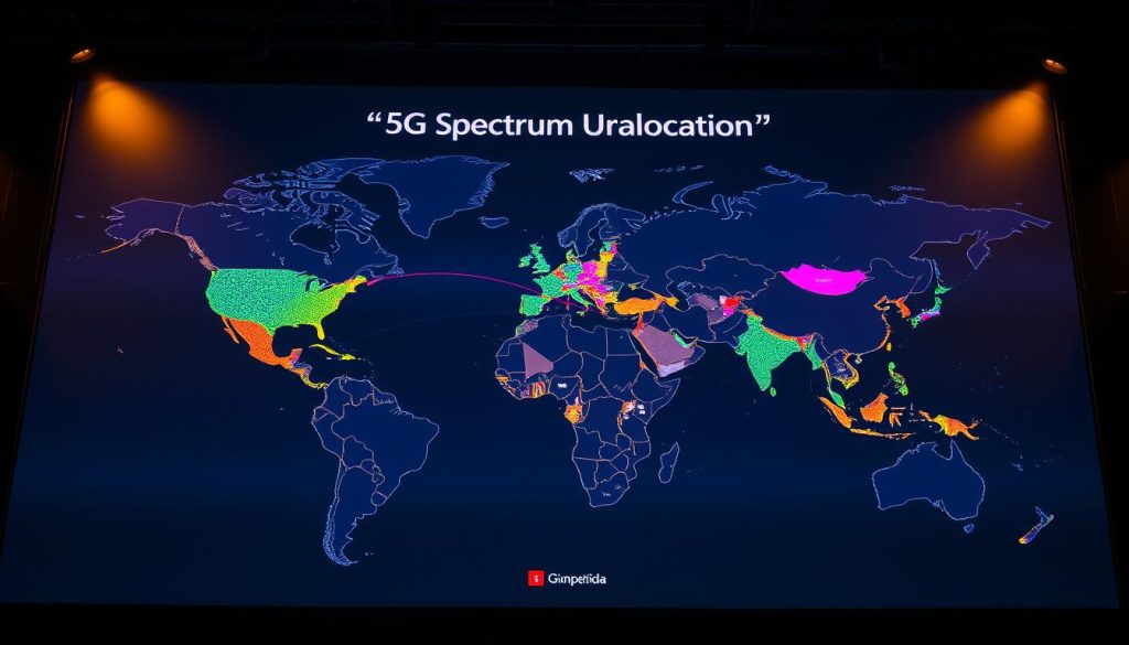 A global 5G spectrum allocation map, rendered in vibrant colors against a dark, futuristic backdrop. The map is displayed on a large, high-resolution display, illuminated by a warm, diffused light source from above. The continents and countries are delineated with crisp, clean lines, highlighting the complex web of frequency bands and spectrum allocations. The map is presented with a sense of authority and technical precision, conveying the scale and significance of the global 5G infrastructure. The overall atmosphere is one of technological progress and international competition, reflecting the theme of the "Global Competition" section. A global 5G spectrum allocation map, rendered in vibrant colors against a dark, futuristic backdrop. The map is displayed on a large, high-resolution display, illuminated by a warm, diffused light source from above. The continents and countries are delineated with crisp, clean lines, highlighting the complex web of frequency bands and spectrum allocations. The map is presented with a sense of authority and technical precision, conveying the scale and significance of the global 5G infrastructure. The overall atmosphere is one of technological progress and international competition, reflecting the theme of the "Global Competition" section.
