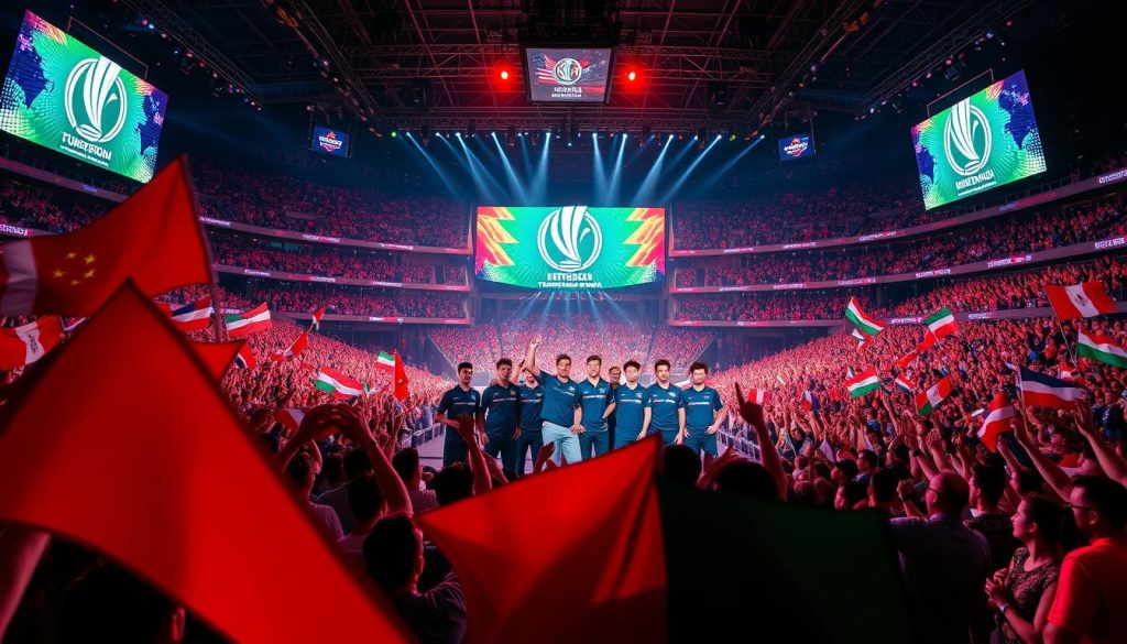 A grand stadium filled with enthusiastic fans, their national flags waving proudly. On the stage, a team of professional eSports players stand tall, victorious expressions on their faces. Vibrant lighting casts dramatic shadows, creating a sense of energy and triumph. In the background, giant screens display the tournament logo, amplifying the scale and significance of this historic moment. The atmosphere is electric, capturing the essence of national pride and the thrill of eSports mastery. A grand stadium filled with enthusiastic fans, their national flags waving proudly. On the stage, a team of professional eSports players stand tall, victorious expressions on their faces. Vibrant lighting casts dramatic shadows, creating a sense of energy and triumph. In the background, giant screens display the tournament logo, amplifying the scale and significance of this historic moment. The atmosphere is electric, capturing the essence of national pride and the thrill of eSports mastery.