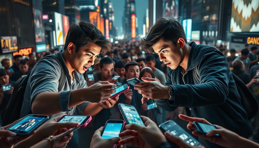 A heated smartphone battlefield, with influencers wielding their devices like weapons. In the foreground, two young social media stars engaged in an intense battle, their expressions fierce as they maneuver their smartphones, the screens reflecting the intensity of the moment. In the middle ground, a crowd of onlookers, their faces aglow with the light of their own devices, captivated by the spectacle unfolding before them. The background is a bustling cityscape, skyscrapers and neon signs casting a vibrant, urban glow over the scene. The lighting is dramatic, with harsh shadows and highlights, heightening the sense of drama and competition. The camera angle is slightly elevated, giving a bird's-eye view of the action, emphasizing the scale and intensity of the "smartphone war."