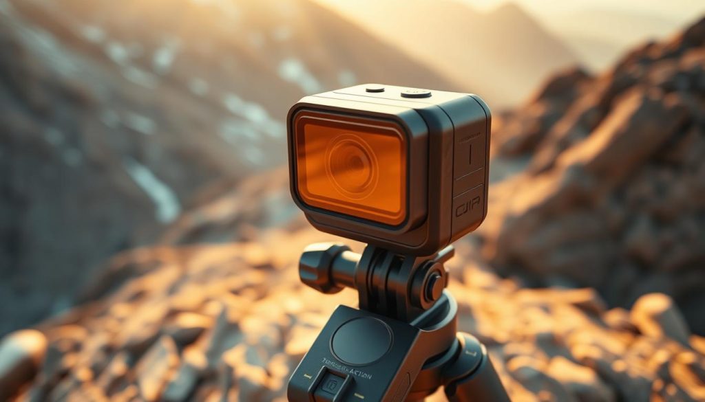 A high-angle, close-up shot of the DJI Osmo Action sports camera against a backdrop of rugged, mountainous terrain. The camera is positioned on a sturdy tripod, its compact, rubberized body gleaming in the warm, golden-hour sunlight. The lens captures a crisp, wide-angle view, showcasing the camera's advanced image stabilization and 4K video capabilities. In the foreground, the camera's intuitive touchscreen interface and robust set of physical buttons are prominently displayed, inviting the viewer to imagine the device in use during an action-packed outdoor adventure. The overall mood is one of adventure, exploration, and the seamless integration of cutting-edge technology with the natural world. A high-angle, close-up shot of the DJI Osmo Action sports camera against a backdrop of rugged, mountainous terrain. The camera is positioned on a sturdy tripod, its compact, rubberized body gleaming in the warm, golden-hour sunlight. The lens captures a crisp, wide-angle view, showcasing the camera's advanced image stabilization and 4K video capabilities. In the foreground, the camera's intuitive touchscreen interface and robust set of physical buttons are prominently displayed, inviting the viewer to imagine the device in use during an action-packed outdoor adventure. The overall mood is one of adventure, exploration, and the seamless integration of cutting-edge technology with the natural world.