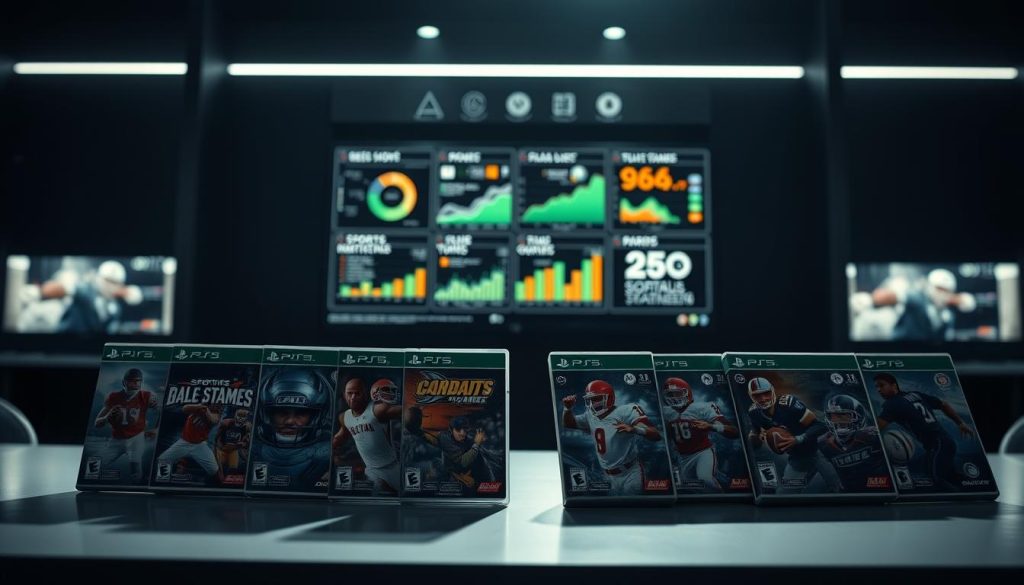 A high-contrast, cinematic shot of a sports games case study display. In the foreground, a series of sports video game cases are arranged on a sleek, minimalist table, their covers showcasing various athletes and team logos. The lighting is dramatic, with a strong directional key light casting shadows and highlights across the games. In the middle ground, a large monitor displays data visualizations and infographics detailing the performance and market trends of these sports games. The background is blurred, with a sense of depth and an atmosphere of analytical focus. The overall mood is one of serious, in-depth examination of the gaming industry. A high-contrast, cinematic shot of a sports games case study display. In the foreground, a series of sports video game cases are arranged on a sleek, minimalist table, their covers showcasing various athletes and team logos. The lighting is dramatic, with a strong directional key light casting shadows and highlights across the games. In the middle ground, a large monitor displays data visualizations and infographics detailing the performance and market trends of these sports games. The background is blurred, with a sense of depth and an atmosphere of analytical focus. The overall mood is one of serious, in-depth examination of the gaming industry.