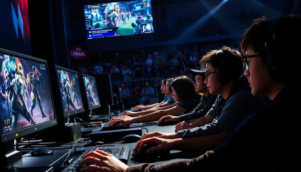 A high-intensity eSports livestream scene, with a large screen displaying a competitive gaming match. In the foreground, a group of gamers intensely focused on their screens, fingers rapidly tapping keyboards and mice. Dramatic lighting casts dynamic shadows, conveying the energy and tension of the event. In the middle ground, a crowd of spectators watches with rapt attention, their expressions ranging from excitement to frustration. In the background, a news ticker scrolls, hinting at the ban on this type of livestreaming in China. The overall atmosphere is one of passionate engagement, tinged with a sense of uncertainty and unease. A high-intensity eSports livestream scene, with a large screen displaying a competitive gaming match. In the foreground, a group of gamers intensely focused on their screens, fingers rapidly tapping keyboards and mice. Dramatic lighting casts dynamic shadows, conveying the energy and tension of the event. In the middle ground, a crowd of spectators watches with rapt attention, their expressions ranging from excitement to frustration. In the background, a news ticker scrolls, hinting at the ban on this type of livestreaming in China. The overall atmosphere is one of passionate engagement, tinged with a sense of uncertainty and unease.