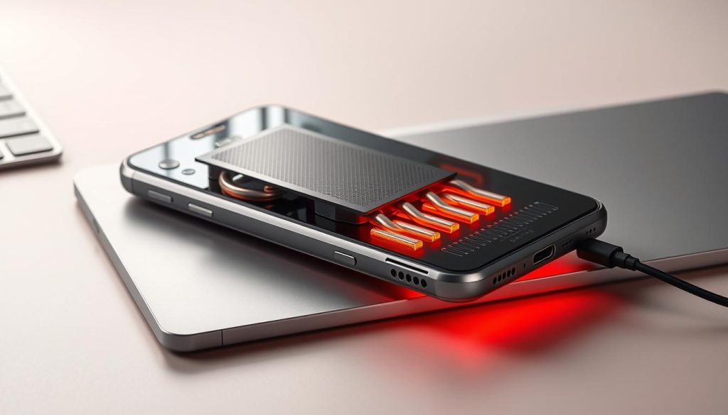 A high-performance gaming phone rests on a sleek, modern desk, its metallic frame gleaming under soft, diffused lighting. The device's cooling system is highlighted, revealing intricate heat pipes and vents that dissipate warmth efficiently, enabling uninterrupted gameplay. The background is a minimalist, neutral-toned workspace, emphasizing the phone's advanced thermal management capabilities. The composition captures the intersection of cutting-edge technology and the demands of mobile gaming, creating a visually striking and informative image. A high-performance gaming phone rests on a sleek, modern desk, its metallic frame gleaming under soft, diffused lighting. The device's cooling system is highlighted, revealing intricate heat pipes and vents that dissipate warmth efficiently, enabling uninterrupted gameplay. The background is a minimalist, neutral-toned workspace, emphasizing the phone's advanced thermal management capabilities. The composition captures the intersection of cutting-edge technology and the demands of mobile gaming, creating a visually striking and informative image.