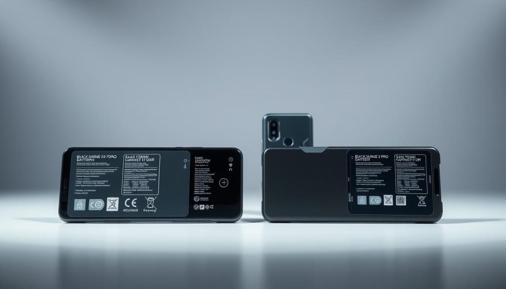 A high-quality, detailed comparison of two flagship gaming phone batteries, shot in a clean, well-lit studio environment. In the foreground, the batteries of the ROG Phone II and Black Shark 2 Pro are prominently displayed, with their capacities and charging specifications clearly visible. The middle ground showcases the phones themselves, their distinct designs and premium materials highlighted. In the background, a minimalist backdrop featuring a subtle grid pattern creates a sense of order and technical precision. Soft, even lighting from multiple angles accentuates the phones' features and the batteries' striking visual appeal. The overall composition conveys a sense of authority, professionalism, and the importance of battery life and durability in the world of gaming smartphones.