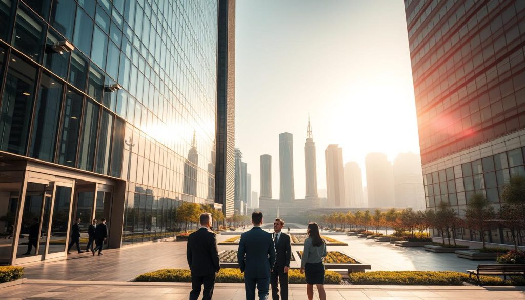 A high-rise office complex in the heart of a bustling Chinese city, its sleek glass façade reflecting the morning sunlight. In the foreground, a group of well-dressed professionals approach the entrance, their faces captured by the discreet security cameras installed above the doors. The middle ground reveals a meticulously landscaped plaza, complete with water features and strategically placed benches. In the background, the skyline is dominated by a series of equally impressive office towers, all under the watchful gaze of the city's sophisticated facial recognition system. The overall atmosphere conveys a sense of modern efficiency, order, and ever-present surveillance.