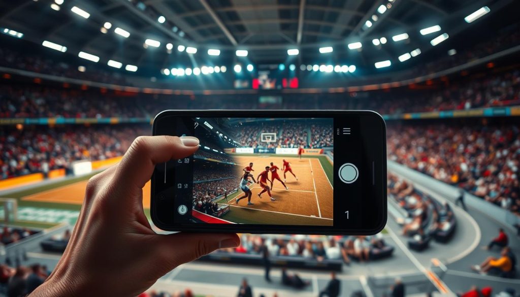 A high-speed sports arena, the air electric with anticipation. In the foreground, a camera phone gripped firmly, its lens trained on the action. Crisp, dynamic shots capture the graceful movements of athletes in mid-leap, their expressions intense, bodies frozen in time. The middle ground reveals a blur of motion, players jostling, the ball arcing through the air. The background is a tapestry of stadium seating, spectators on the edge of their seats, the lighting dramatic and evocative, casting bold shadows and highlights. This is sports photography at its finest, showcasing the power, precision, and passion of the moment, all captured in the palm of your hand. A high-speed sports arena, the air electric with anticipation. In the foreground, a camera phone gripped firmly, its lens trained on the action. Crisp, dynamic shots capture the graceful movements of athletes in mid-leap, their expressions intense, bodies frozen in time. The middle ground reveals a blur of motion, players jostling, the ball arcing through the air. The background is a tapestry of stadium seating, spectators on the edge of their seats, the lighting dramatic and evocative, casting bold shadows and highlights. This is sports photography at its finest, showcasing the power, precision, and passion of the moment, all captured in the palm of your hand.