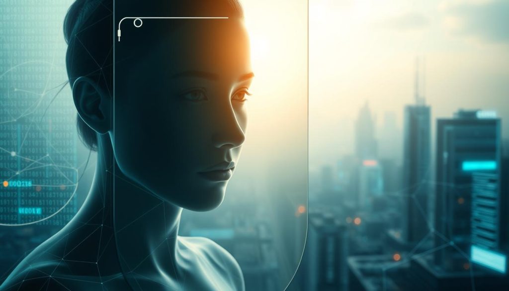 A high-tech biometric data privacy shield, a translucent barrier that obscures sensitive facial features and personal information. The foreground displays a sleek, minimalist design with subtle polygonal patterns, casting an ethereal glow. In the middle ground, digital data streams flow and converge, representing the complex web of identity data. The background depicts a futuristic cityscape, hinting at the ubiquity of surveillance technologies. Soft, diffused lighting creates a sense of unease, underscoring the tension between personal privacy and technological advancement. The overall impression is one of cautious protection, a visual metaphor for the challenges of preserving individual identity in an increasingly digitized world.