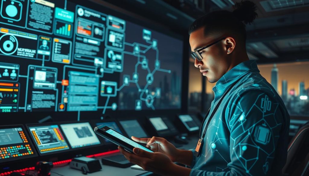 A high-tech control room filled with glowing holographic displays, digital devices, and secure communication tools. In the foreground, an athlete activist intently studying encrypted messaging apps and secure communication protocols on a sleek tablet. The middle ground showcases a network of interconnected digital tools - from encrypted messaging relays to live-streaming cameras - that enable rapid dissemination of protest information. The background features a dramatic cityscape silhouette, hinting at the real-world civil unrest being coordinated through these digital means. Dramatic lighting and cinematic camera angles lend an air of urgency and purpose to the scene. A high-tech control room filled with glowing holographic displays, digital devices, and secure communication tools. In the foreground, an athlete activist intently studying encrypted messaging apps and secure communication protocols on a sleek tablet. The middle ground showcases a network of interconnected digital tools - from encrypted messaging relays to live-streaming cameras - that enable rapid dissemination of protest information. The background features a dramatic cityscape silhouette, hinting at the real-world civil unrest being coordinated through these digital means. Dramatic lighting and cinematic camera angles lend an air of urgency and purpose to the scene.