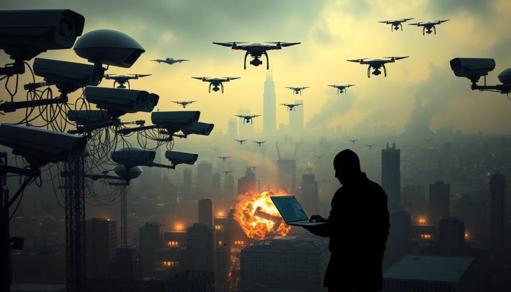 A high-tech landscape of surveillance cameras, drones, and futuristic monitoring devices. In the foreground, a shadowy figure wielding a laptop, representing the tech-savvy user fighting back. The midground shows a clash of opposing forces - sleek government-issued tech and homemade, open-source countermeasures. The background is a cityscape shrouded in a hazy, ominous atmosphere, conveying the constant tension and unease of the surveillance arms race. Dramatic, chiaroscuro lighting emphasizes the stark contrast between the power structures and the individual's struggle for privacy and freedom. A high-tech landscape of surveillance cameras, drones, and futuristic monitoring devices. In the foreground, a shadowy figure wielding a laptop, representing the tech-savvy user fighting back. The midground shows a clash of opposing forces - sleek government-issued tech and homemade, open-source countermeasures. The background is a cityscape shrouded in a hazy, ominous atmosphere, conveying the constant tension and unease of the surveillance arms race. Dramatic, chiaroscuro lighting emphasizes the stark contrast between the power structures and the individual's struggle for privacy and freedom.