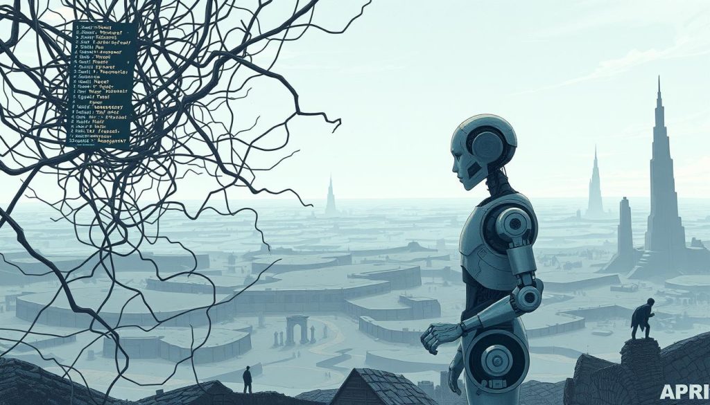 A highly detailed digital illustration depicting the limitations of AI chatbots. In the foreground, a frustrated user interacts with a chatbot, its responses appearing rigid and impersonal. The middle ground features a tangled web of code and glitching errors, symbolizing the technical complexities underlying the system. In the background, a vast, abstract landscape represents the boundless potential of AI, yet obscured by the practical constraints of current technology. Rendered in a muted, cyberpunk-inspired color palette, the scene conveys a sense of both awe and unease towards the evolving state of artificial intelligence. A highly detailed digital illustration depicting the limitations of AI chatbots. In the foreground, a frustrated user interacts with a chatbot, its responses appearing rigid and impersonal. The middle ground features a tangled web of code and glitching errors, symbolizing the technical complexities underlying the system. In the background, a vast, abstract landscape represents the boundless potential of AI, yet obscured by the practical constraints of current technology. Rendered in a muted, cyberpunk-inspired color palette, the scene conveys a sense of both awe and unease towards the evolving state of artificial intelligence.