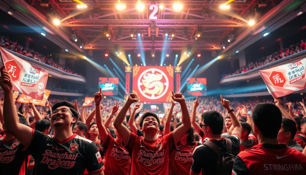 A large crowd of dedicated eSports fans passionately cheering and waving banners in a vibrant, neon-lit arena. In the foreground, a group of fans dressed in the iconic Shanghai Dragons jerseys, their faces filled with excitement and unwavering loyalty. The middle ground features a towering stage with the team's logo, surrounded by a sea of fans, their hands raised in celebration. The background is a blur of flashing lights and dynamic camera angles, capturing the electric atmosphere of the eSports event. The lighting is warm and dynamic, creating a sense of energy and intensity. The overall scene conveys the unwavering dedication and fervent support of the Shanghai Dragons' fanbase, even in the face of adversity. A large crowd of dedicated eSports fans passionately cheering and waving banners in a vibrant, neon-lit arena. In the foreground, a group of fans dressed in the iconic Shanghai Dragons jerseys, their faces filled with excitement and unwavering loyalty. The middle ground features a towering stage with the team's logo, surrounded by a sea of fans, their hands raised in celebration. The background is a blur of flashing lights and dynamic camera angles, capturing the electric atmosphere of the eSports event. The lighting is warm and dynamic, creating a sense of energy and intensity. The overall scene conveys the unwavering dedication and fervent support of the Shanghai Dragons' fanbase, even in the face of adversity.