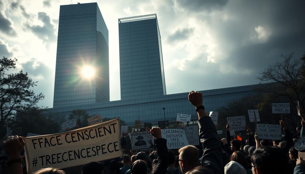 A large crowd of protesters gathers in front of a towering tech corporate headquarters, their fists raised in defiance. Banners and placards denounce censorship and the suppression of free speech, casting long shadows in the low, dramatic lighting. In the background, a looming, ominous sky hints at the global power dynamics at play. The scene exudes a sense of tension and urgency, reflecting the high stakes of the battle over digital freedoms playing out on the world stage. A large crowd of protesters gathers in front of a towering tech corporate headquarters, their fists raised in defiance. Banners and placards denounce censorship and the suppression of free speech, casting long shadows in the low, dramatic lighting. In the background, a looming, ominous sky hints at the global power dynamics at play. The scene exudes a sense of tension and urgency, reflecting the high stakes of the battle over digital freedoms playing out on the world stage.