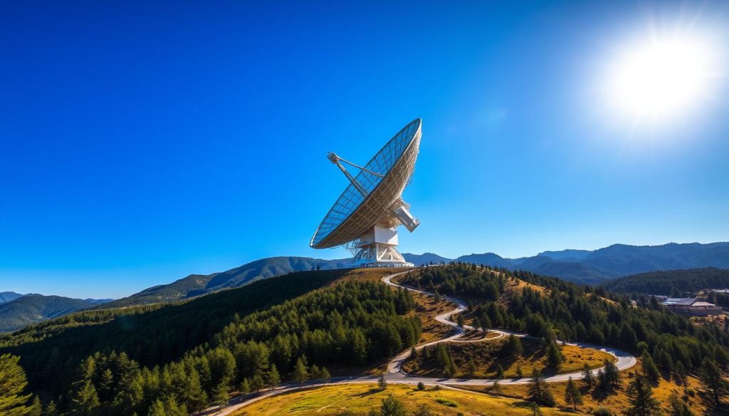 A large, imposing radio telescope standing tall against a vibrant blue sky, its massive dish reflecting the sun's rays. The structure is surrounded by a serene mountainous landscape, with verdant forests and winding paths leading up to the observatory. The telescope's intricate mechanisms and panels are visible, hinting at the advanced technology powering this impressive scientific instrument. The scene exudes a sense of awe and wonder, capturing the ambition and dedication behind the FAST project's groundbreaking endeavors in exploring the cosmos.
