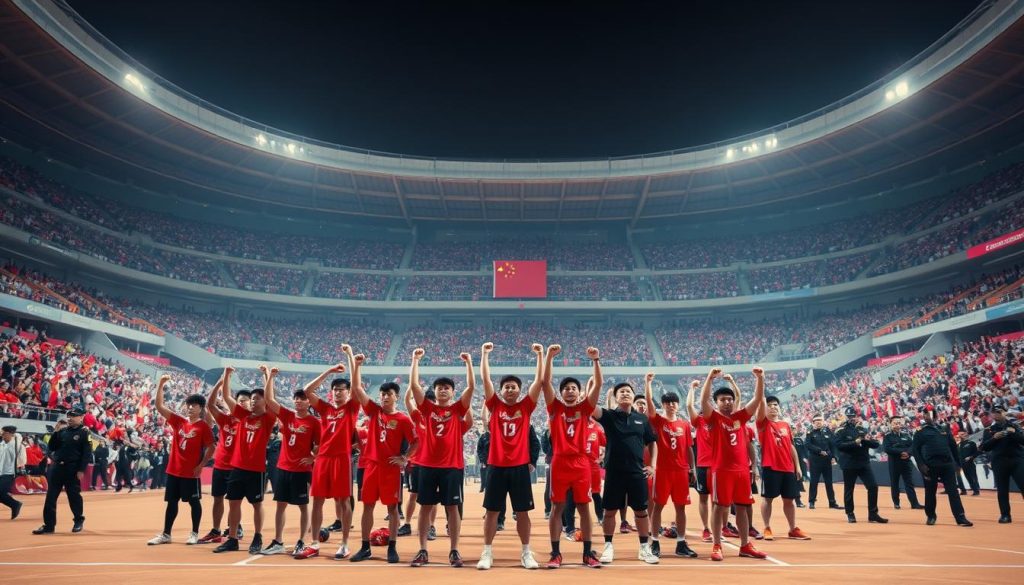A large, open-air stadium in China, filled with spectators. In the foreground, a group of athletes stand together, fists raised in a powerful display of protest. Their uniforms and expressions convey a sense of defiance and solidarity. In the middle ground, security personnel watch vigilantly, creating an atmosphere of tension. The stadium's architecture, with its towering concrete structures and vibrant lighting, forms an imposing backdrop, emphasizing the scale and significance of the event. The overall scene radiates a sense of courage, determination, and the ability of sports to inspire social change. A large, open-air stadium in China, filled with spectators. In the foreground, a group of athletes stand together, fists raised in a powerful display of protest. Their uniforms and expressions convey a sense of defiance and solidarity. In the middle ground, security personnel watch vigilantly, creating an atmosphere of tension. The stadium's architecture, with its towering concrete structures and vibrant lighting, forms an imposing backdrop, emphasizing the scale and significance of the event. The overall scene radiates a sense of courage, determination, and the ability of sports to inspire social change.