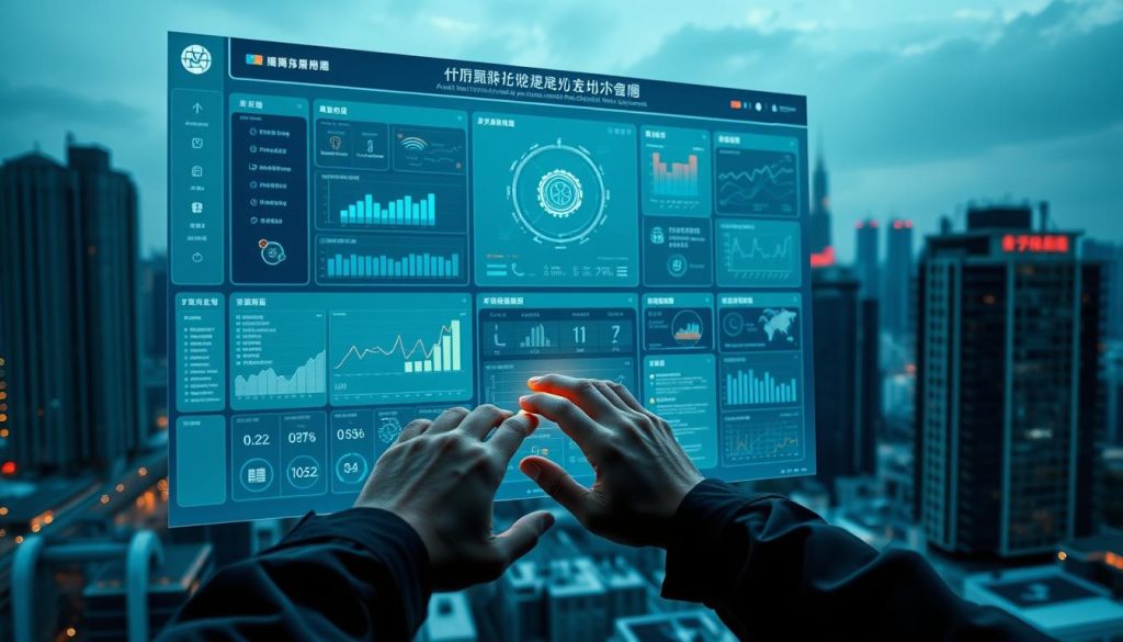 A large-scale digital health management system dominates the frame, showcasing a sleek, modern interface with a central dashboard displaying real-time data and analytics. In the foreground, a user navigates the system, their hands interacting with a touchscreen panel as they access various tools and features. The middle ground reveals a cityscape in the background, with buildings and infrastructure reflecting the integration of this digital health technology into the urban landscape. The scene is bathed in a cool, subdued lighting, conveying a sense of efficiency and control. The overall composition suggests a cohesive, technologically-advanced pandemic response framework at work within the Chinese context. A large-scale digital health management system dominates the frame, showcasing a sleek, modern interface with a central dashboard displaying real-time data and analytics. In the foreground, a user navigates the system, their hands interacting with a touchscreen panel as they access various tools and features. The middle ground reveals a cityscape in the background, with buildings and infrastructure reflecting the integration of this digital health technology into the urban landscape. The scene is bathed in a cool, subdued lighting, conveying a sense of efficiency and control. The overall composition suggests a cohesive, technologically-advanced pandemic response framework at work within the Chinese context.