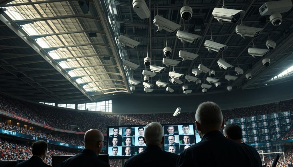 A large sports stadium with an array of high-resolution security cameras mounted on the walls and ceiling, capturing the faces of the crowd in sharp detail. The camera lenses have a cold, clinical appearance, suggesting advanced facial recognition technology at work. The lighting is harsh and unforgiving, casting deep shadows that obscure some areas of the stadium. In the foreground, a group of security personnel monitors multiple screens displaying a grid of individual faces, their expressions focused and analytical. The overall atmosphere is one of surveillance and control, hinting at the invasive nature of the technology being employed. A large sports stadium with an array of high-resolution security cameras mounted on the walls and ceiling, capturing the faces of the crowd in sharp detail. The camera lenses have a cold, clinical appearance, suggesting advanced facial recognition technology at work. The lighting is harsh and unforgiving, casting deep shadows that obscure some areas of the stadium. In the foreground, a group of security personnel monitors multiple screens displaying a grid of individual faces, their expressions focused and analytical. The overall atmosphere is one of surveillance and control, hinting at the invasive nature of the technology being employed.