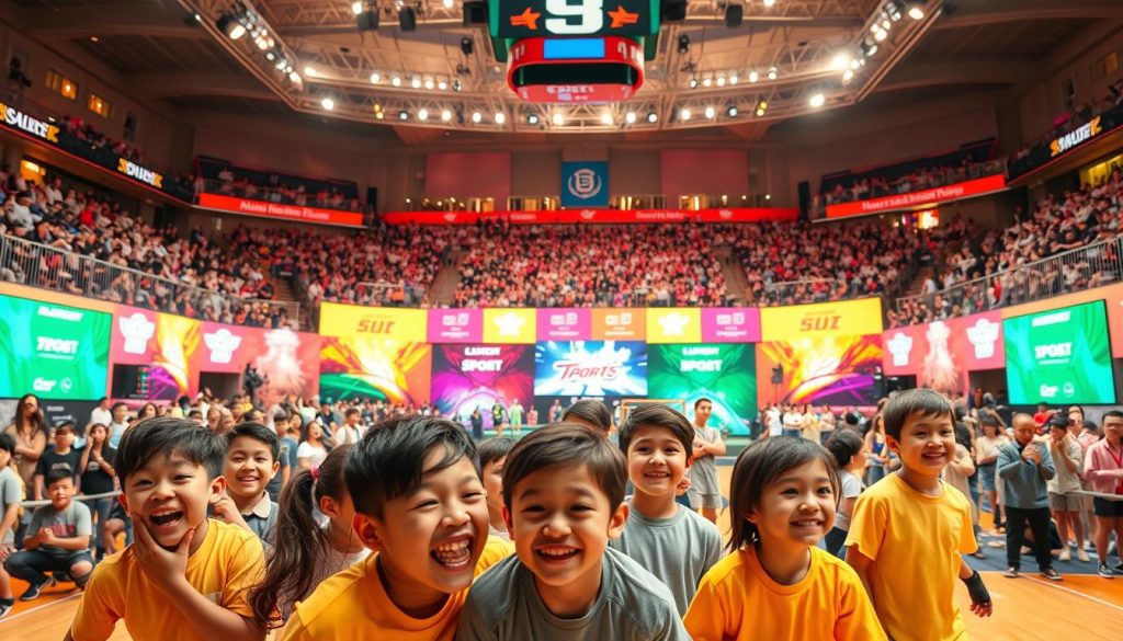 A lively sports arena filled with energetic youth, the center stage showcasing innovative sports marketing strategies. In the foreground, a group of children enthusiastically engaged in a interactive sports activity, their faces alight with excitement. The middle ground features colorful banners, digital displays, and merchandise promoting the latest sports trends and products. In the background, a crowd of spectators cheers on, creating a vibrant, dynamic atmosphere. Warm, natural lighting illuminates the scene, capturing the spirit of youthful energy and the integration of sports into the lives of the next generation.