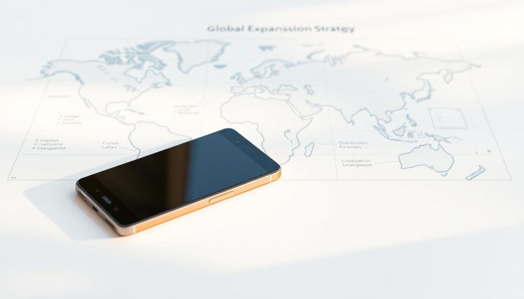 A meticulously designed Xiaomi smartphone resting on a clean, white surface, with a blueprint-like diagram of the company's global expansion strategy elegantly unfolding in the background. The phone is captured in a warm, natural light, its sleek, minimalist design showcasing the brand's emphasis on innovation and user-centric engineering. The strategy diagram, rendered in a crisp, technical style, highlights Xiaomi's key markets, distribution channels, and localization efforts, providing a comprehensive visual narrative of the brand's global conquest. The overall scene conveys a sense of precision, analysis, and the company's relentless pursuit of worldwide dominance in the smartphone industry.