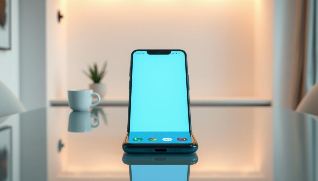 A minimalist showcase of the latest smartphone in a sleek, modern lifestyle setting. A glass-top table reflects the device's seamless, all-screen design, bathed in warm, indirect lighting. In the foreground, the smartphone rests elegantly, its screen illuminated with a clean, vibrant UI. The middle ground features a clean, uncluttered space with subtle hints of lifestyle elements - a clean mug, a tasteful plant, and a modern architectural detail. The background is blurred, creating a sense of depth and focus on the central device. The overall atmosphere is one of understated elegance, showcasing the smartphone's refined, user-centric design. A minimalist showcase of the latest smartphone in a sleek, modern lifestyle setting. A glass-top table reflects the device's seamless, all-screen design, bathed in warm, indirect lighting. In the foreground, the smartphone rests elegantly, its screen illuminated with a clean, vibrant UI. The middle ground features a clean, uncluttered space with subtle hints of lifestyle elements - a clean mug, a tasteful plant, and a modern architectural detail. The background is blurred, creating a sense of depth and focus on the central device. The overall atmosphere is one of understated elegance, showcasing the smartphone's refined, user-centric design.