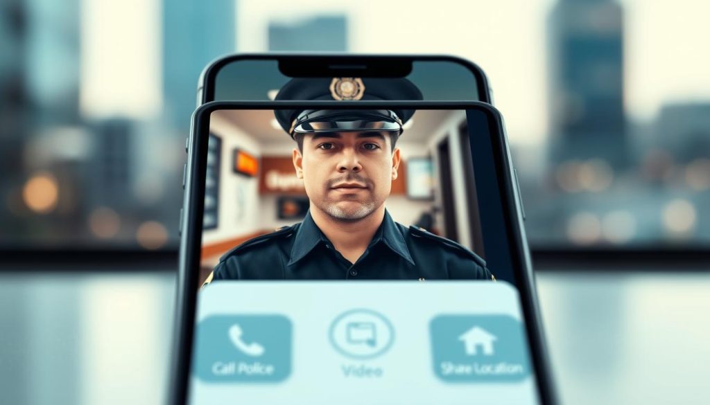 A mobile app interface with a video call screen showcasing a police officer's face in high definition. The foreground features a sleek and intuitive UI design with buttons for "Call Police", "Video Chat", and "Share Location". The middle ground depicts a smooth 3D-rendered video feed from the officer's end, with professional lighting and a blurred background that suggests a police station interior. The background is a softly blurred cityscape, conveying a sense of security and responsiveness. The overall atmosphere is one of a high-tech, user-friendly emergency service platform ready to assist at the tap of a button. A mobile app interface with a video call screen showcasing a police officer's face in high definition. The foreground features a sleek and intuitive UI design with buttons for "Call Police", "Video Chat", and "Share Location". The middle ground depicts a smooth 3D-rendered video feed from the officer's end, with professional lighting and a blurred background that suggests a police station interior. The background is a softly blurred cityscape, conveying a sense of security and responsiveness. The overall atmosphere is one of a high-tech, user-friendly emergency service platform ready to assist at the tap of a button.