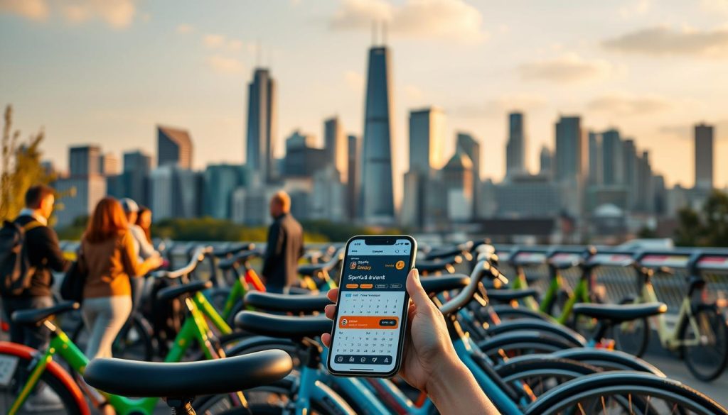 A modern city skyline in the background, with skyscrapers and a vibrant urban landscape. In the foreground, a bustling bike rental station, with a variety of bicycles in different colors and styles. Customers are interacting with a sleek, user-friendly app interface on their smartphones, seamlessly managing bike rentals and integrating with a sports event calendar. The scene is bathed in warm, golden-hour lighting, creating a dynamic and inviting atmosphere. The overall composition conveys the seamless integration of transportation, technology, and sports activities in a vibrant, forward-thinking metropolis. A modern city skyline in the background, with skyscrapers and a vibrant urban landscape. In the foreground, a bustling bike rental station, with a variety of bicycles in different colors and styles. Customers are interacting with a sleek, user-friendly app interface on their smartphones, seamlessly managing bike rentals and integrating with a sports event calendar. The scene is bathed in warm, golden-hour lighting, creating a dynamic and inviting atmosphere. The overall composition conveys the seamless integration of transportation, technology, and sports activities in a vibrant, forward-thinking metropolis.