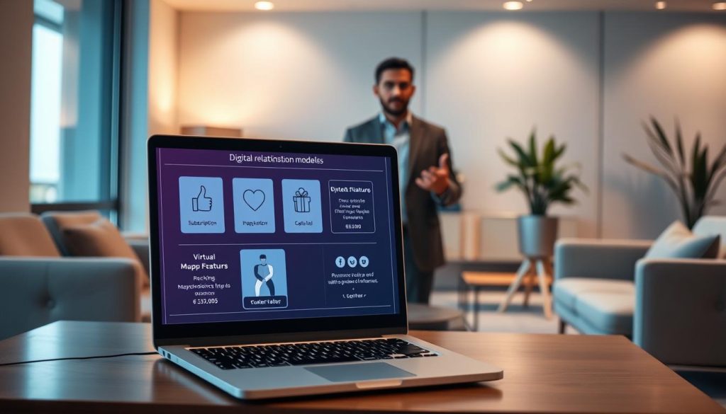 A modern office setting, with sleek and minimalist furniture. In the foreground, a laptop displays a holographic interface showcasing various digital monetization models for virtual relationships - subscription tiers, in-app purchases, gifting systems, and premium features. In the middle ground, a professional-looking individual gestures towards the laptop, discussing the pricing and revenue potential of these relationship tech services. The background is softly lit, with clean lines and a hint of futuristic ambiance, conveying the sophisticated and tech-driven nature of this emerging industry. Warm, earthy tones combined with cool, metallic accents create a balanced, elegant atmosphere.
