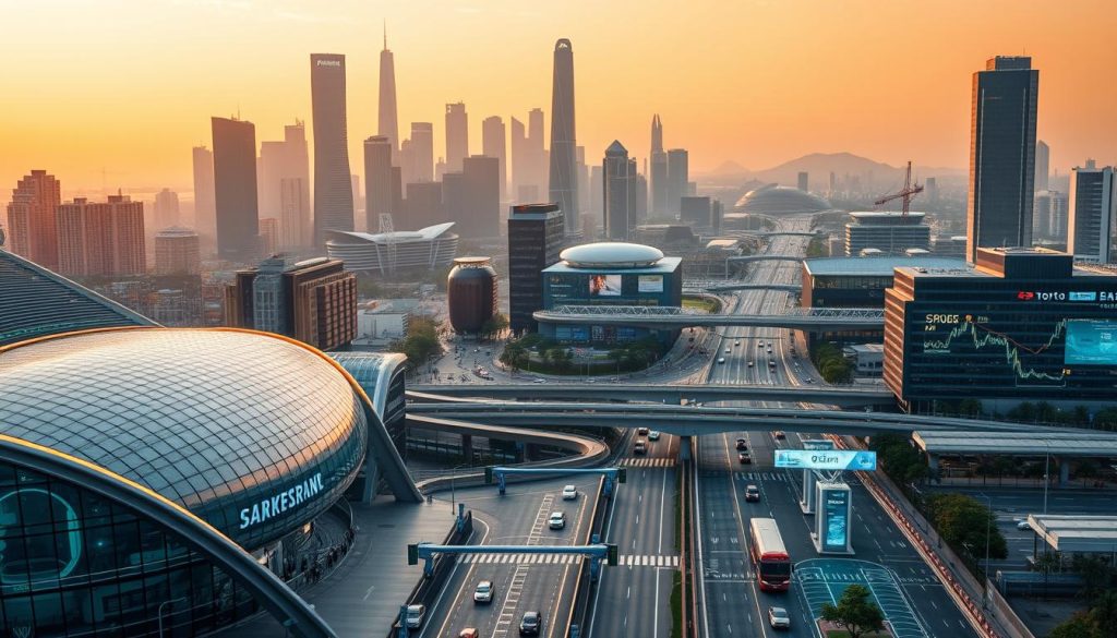 A modern sports infrastructure technology case study in a bustling urban environment. In the foreground, a sleek, sensor-laden stadium with curved glass facades and dynamic LED lighting systems. In the middle ground, an interconnected network of AI-powered traffic management systems, data visualization dashboards, and autonomous vehicle charging stations. In the background, a futuristic skyline of skyscrapers and high-tech infrastructure, bathed in a warm, golden hour glow. The scene conveys a sense of technological integration, efficiency, and the seamless convergence of sports, transportation, and urban planning. A modern sports infrastructure technology case study in a bustling urban environment. In the foreground, a sleek, sensor-laden stadium with curved glass facades and dynamic LED lighting systems. In the middle ground, an interconnected network of AI-powered traffic management systems, data visualization dashboards, and autonomous vehicle charging stations. In the background, a futuristic skyline of skyscrapers and high-tech infrastructure, bathed in a warm, golden hour glow. The scene conveys a sense of technological integration, efficiency, and the seamless convergence of sports, transportation, and urban planning.