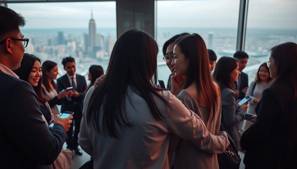 A nostalgic network of social media alumni gather in a sleek, modern tech hub. In the foreground, a group of friends warmly embrace, their faces lit by the glow of smartphone screens as they reconnect. In the middle ground, professionals in business attire converse animatedly, sharing memories and experiences from their Renren days. The background is a panoramic view of the city skyline, hinting at the platform's resurgence and the enduring bonds forged through its social network. The lighting is soft, natural, casting a sentimental glow over the scene. The camera angle is wide, capturing the scope of this social platform comeback in an intimate, immersive way. A nostalgic network of social media alumni gather in a sleek, modern tech hub. In the foreground, a group of friends warmly embrace, their faces lit by the glow of smartphone screens as they reconnect. In the middle ground, professionals in business attire converse animatedly, sharing memories and experiences from their Renren days. The background is a panoramic view of the city skyline, hinting at the platform's resurgence and the enduring bonds forged through its social network. The lighting is soft, natural, casting a sentimental glow over the scene. The camera angle is wide, capturing the scope of this social platform comeback in an intimate, immersive way.