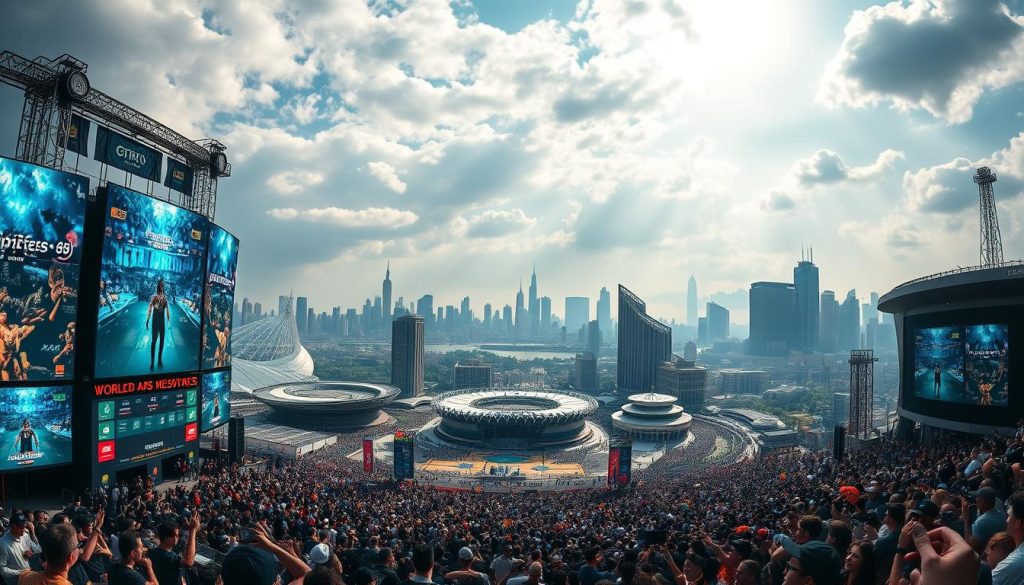 A panoramic view of the world's premier esports festivals, captured through a cinematic lens. In the foreground, towering LED screens display live gameplay, surrounded by a sea of cheering fans. The middle ground features iconic stadiums and arenas, each with its own distinct architectural style. In the background, skylines of global cities provide a diverse backdrop, representing the international reach of the esports phenomenon. Dramatic lighting casts dynamic shadows, creating a sense of energy and excitement. The scene conveys the scale, spectacle, and cultural significance of these captivating esports events on a global scale. A panoramic view of the world's premier esports festivals, captured through a cinematic lens. In the foreground, towering LED screens display live gameplay, surrounded by a sea of cheering fans. The middle ground features iconic stadiums and arenas, each with its own distinct architectural style. In the background, skylines of global cities provide a diverse backdrop, representing the international reach of the esports phenomenon. Dramatic lighting casts dynamic shadows, creating a sense of energy and excitement. The scene conveys the scale, spectacle, and cultural significance of these captivating esports events on a global scale.