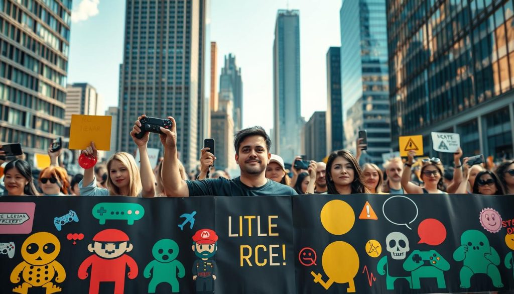 A peaceful protest in a bustling city, with a group of activists wielding game controllers instead of placards. In the foreground, a vibrant display of pixelated characters and symbols representing popular video games, conveying a message of creative resistance. In the middle ground, the protesters stand united, their faces determined yet hopeful, as they challenge the authoritarian control over digital expression. The background is a cityscape of towering skyscrapers, their windows reflecting the defiant spirit of the demonstration. The lighting is a harmonious blend of natural daylight and the glow of smartphone screens, creating an atmosphere of digital empowerment and collective action. A peaceful protest in a bustling city, with a group of activists wielding game controllers instead of placards. In the foreground, a vibrant display of pixelated characters and symbols representing popular video games, conveying a message of creative resistance. In the middle ground, the protesters stand united, their faces determined yet hopeful, as they challenge the authoritarian control over digital expression. The background is a cityscape of towering skyscrapers, their windows reflecting the defiant spirit of the demonstration. The lighting is a harmonious blend of natural daylight and the glow of smartphone screens, creating an atmosphere of digital empowerment and collective action.