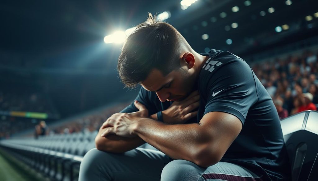 A professional athlete, exhausted after a grueling sports match, sits slumped on a bench, head in hands. Sweat glistens on their brow as they try to catch their breath. The stadium lights cast long shadows, creating a somber, introspective atmosphere. The player's uniform is crumpled, a visual metaphor for their physical and mental fatigue. In the background, a blurred crowd watches on, a reminder of the immense pressure and expectations placed upon these top-level performers. The scene conveys the burden of sports/esports burnout, where the relentless pursuit of excellence can take a heavy toll on even the most talented individuals.