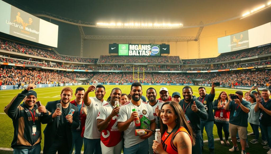 A professional sports stadium, with athletes and celebrities gathered on a meticulously manicured playing field. In the foreground, a group of famous athletes enthusiastically endorsing various consumer products, their faces captured in dynamic poses showcasing the products. In the middle ground, a crowd of adoring fans cheers and takes photos, capturing the energy and excitement of the event. The background features towering digital billboards displaying brand logos and messages, bathed in the warm glow of golden hour lighting. The overall atmosphere conveys the power and influence of sports celebrity endorsements, highlighting how they shape consumer preferences and drive brand recognition. A professional sports stadium, with athletes and celebrities gathered on a meticulously manicured playing field. In the foreground, a group of famous athletes enthusiastically endorsing various consumer products, their faces captured in dynamic poses showcasing the products. In the middle ground, a crowd of adoring fans cheers and takes photos, capturing the energy and excitement of the event. The background features towering digital billboards displaying brand logos and messages, bathed in the warm glow of golden hour lighting. The overall atmosphere conveys the power and influence of sports celebrity endorsements, highlighting how they shape consumer preferences and drive brand recognition.