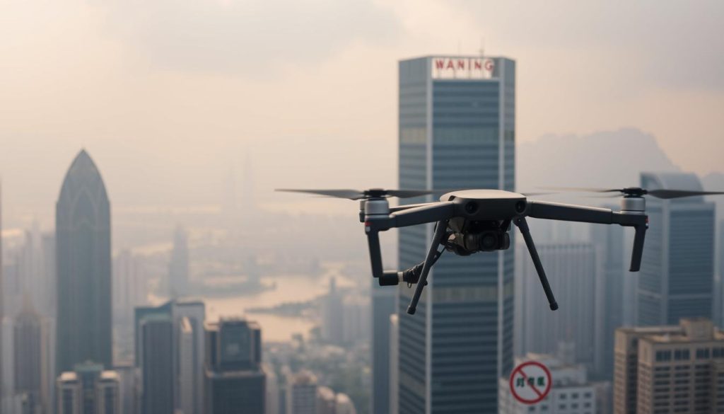 A serene aerial view of Hong Kong's bustling cityscape, with imposing skyscrapers and dense urban development. In the foreground, a DJI drone hovers cautiously, its movements constrained by the city's strict aviation regulations. The mid-ground features various warning signs and restricted airspace markers, underscoring the challenges faced by aerial photographers and videographers. The background is shrouded in a hazy, atmospheric lighting, conveying the sense of a heavily regulated and closely monitored urban environment. The overall mood is one of tension between technological progress and public safety, as the city grapples with the evolving landscape of drone usage and media access. A serene aerial view of Hong Kong's bustling cityscape, with imposing skyscrapers and dense urban development. In the foreground, a DJI drone hovers cautiously, its movements constrained by the city's strict aviation regulations. The mid-ground features various warning signs and restricted airspace markers, underscoring the challenges faced by aerial photographers and videographers. The background is shrouded in a hazy, atmospheric lighting, conveying the sense of a heavily regulated and closely monitored urban environment. The overall mood is one of tension between technological progress and public safety, as the city grapples with the evolving landscape of drone usage and media access.