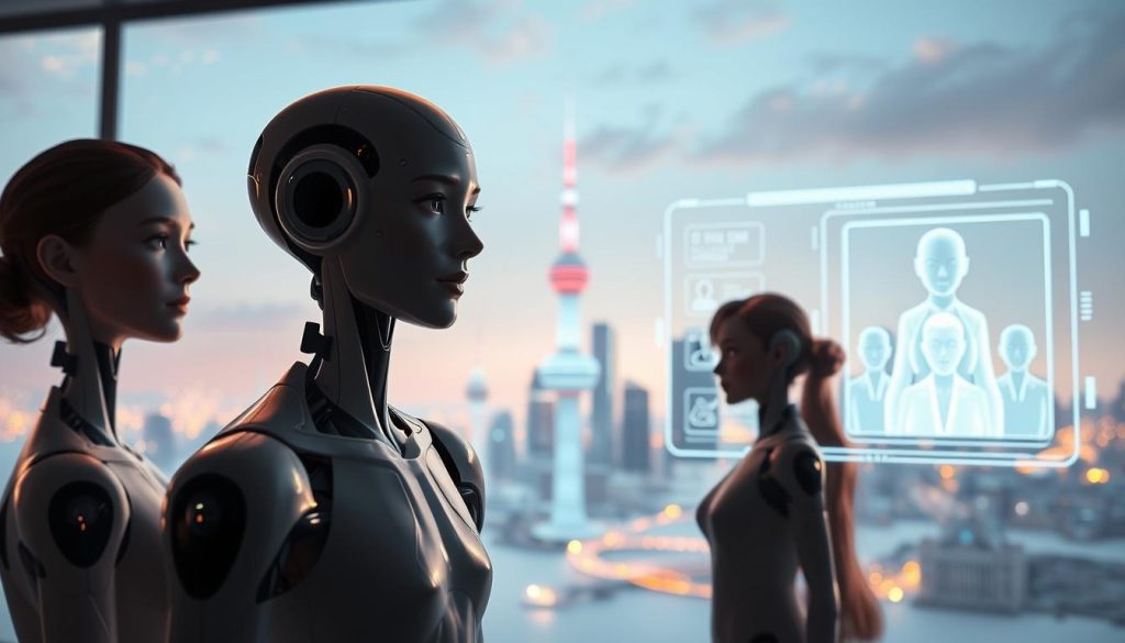 A serene futuristic scene of AI companions in an augmented reality world. In the foreground, two lifelike humanoid figures converse, their features softly illuminated by a warm glow. In the middle ground, holographic displays showcase customizable virtual personas, offering a glimpse into personalized relationship experiences. The background is a dreamlike city skyline, its buildings and infrastructure seamlessly blending with advanced technological interfaces. The lighting is natural, with soft shadows and highlights that create a sense of depth and atmosphere. The camera angle is slightly elevated, giving a panoramic view of this immersive, yet intimate, augmented reality landscape.