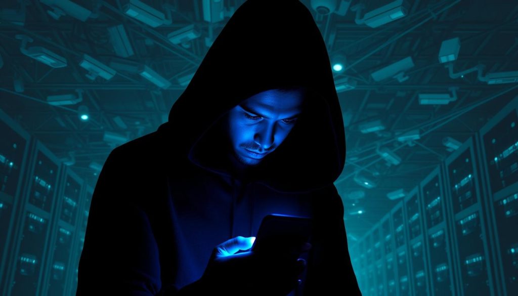 A shadowy figure gazes intently at a smartphone, the blue glow illuminating their face as they navigate a ride-hailing app. In the background, a vast network of surveillance cameras and data servers loom, casting an ominous presence over the scene. The contrast between the user's trust in the service and the unseen eyes watching their every move is palpable, creating a sense of unease and the unsettling realization of the gap between user perception and industry reality. A shadowy figure gazes intently at a smartphone, the blue glow illuminating their face as they navigate a ride-hailing app. In the background, a vast network of surveillance cameras and data servers loom, casting an ominous presence over the scene. The contrast between the user's trust in the service and the unseen eyes watching their every move is palpable, creating a sense of unease and the unsettling realization of the gap between user perception and industry reality.