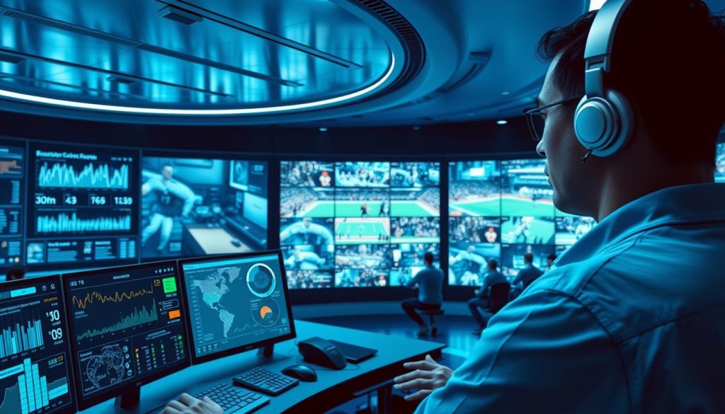A sleek, futuristic control room with a panoramic display showcasing real-time data from wearable devices. In the foreground, a worker monitors a dashboard filled with biometric readouts, productivity metrics, and location tracking. The middle ground features a vast array of screens displaying live video feeds from sports venues, with coaches and trainers scrutinizing their athletes' every move. The background is bathed in a cool, blue-tinted glow, conveying a sense of technological omniscience and pervasive surveillance. The lighting is crisp and clinical, emphasizing the precision and control at the heart of this workplace and sports monitoring system. A sleek, futuristic control room with a panoramic display showcasing real-time data from wearable devices. In the foreground, a worker monitors a dashboard filled with biometric readouts, productivity metrics, and location tracking. The middle ground features a vast array of screens displaying live video feeds from sports venues, with coaches and trainers scrutinizing their athletes' every move. The background is bathed in a cool, blue-tinted glow, conveying a sense of technological omniscience and pervasive surveillance. The lighting is crisp and clinical, emphasizing the precision and control at the heart of this workplace and sports monitoring system.