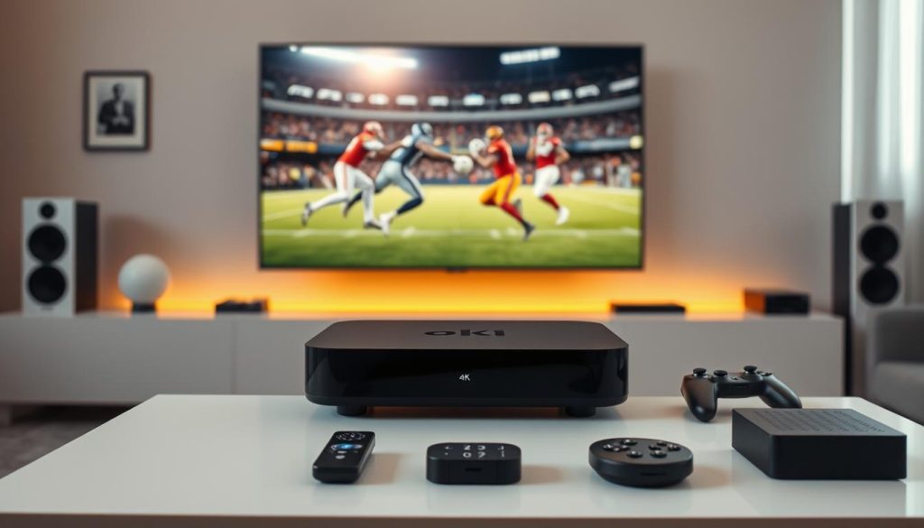 A sleek, high-tech sports streaming setup, bathed in a warm, ambient light. In the foreground, a modern, minimalist streaming device sits atop a minimalist entertainment console, its clean lines and subtle glow inviting closer inspection. Behind it, a state-of-the-art 4K television commands attention, its screen displaying a dynamic sports event in vivid detail. The middle ground features a variety of seamlessly integrated peripherals - a voice-controlled remote, a gaming controller, and a compact soundbar - all designed to create an immersive, hands-free viewing experience. In the background, a tasteful, contemporary living space sets the stage, with subtle nods to the sports theme through strategically placed memorabilia and accents. A sleek, high-tech sports streaming setup, bathed in a warm, ambient light. In the foreground, a modern, minimalist streaming device sits atop a minimalist entertainment console, its clean lines and subtle glow inviting closer inspection. Behind it, a state-of-the-art 4K television commands attention, its screen displaying a dynamic sports event in vivid detail. The middle ground features a variety of seamlessly integrated peripherals - a voice-controlled remote, a gaming controller, and a compact soundbar - all designed to create an immersive, hands-free viewing experience. In the background, a tasteful, contemporary living space sets the stage, with subtle nods to the sports theme through strategically placed memorabilia and accents.
