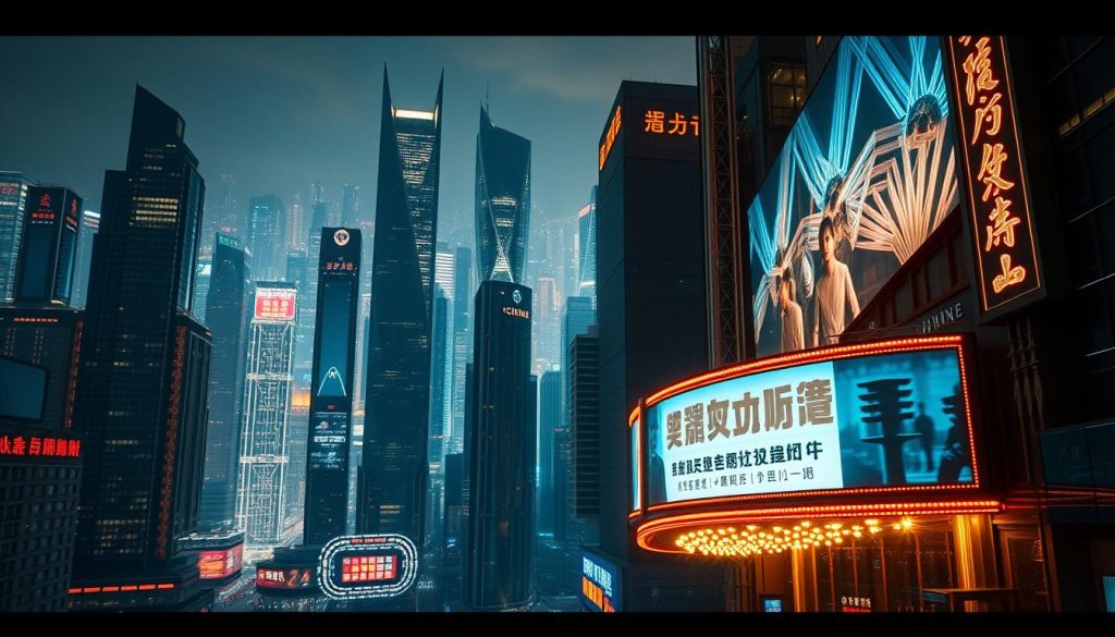 A soaring vista of a glittering cityscape, framed by towering skyscrapers and neon-lit billboards. In the foreground, a colossal movie theater marquee flashes the latest blockbuster release, its box office numbers climbing ever higher. Behind it, a sea of sleek, futuristic buildings reflect the glow of the night sky, signifying China's growing global influence. The scene is bathed in a warm, cinematic light, suggesting the power and prestige of the Chinese entertainment industry. Dramatic camera angles and a sense of scale convey the sheer magnitude of China's box office dominance, a force to be reckoned with on the global stage. A soaring vista of a glittering cityscape, framed by towering skyscrapers and neon-lit billboards. In the foreground, a colossal movie theater marquee flashes the latest blockbuster release, its box office numbers climbing ever higher. Behind it, a sea of sleek, futuristic buildings reflect the glow of the night sky, signifying China's growing global influence. The scene is bathed in a warm, cinematic light, suggesting the power and prestige of the Chinese entertainment industry. Dramatic camera angles and a sense of scale convey the sheer magnitude of China's box office dominance, a force to be reckoned with on the global stage.