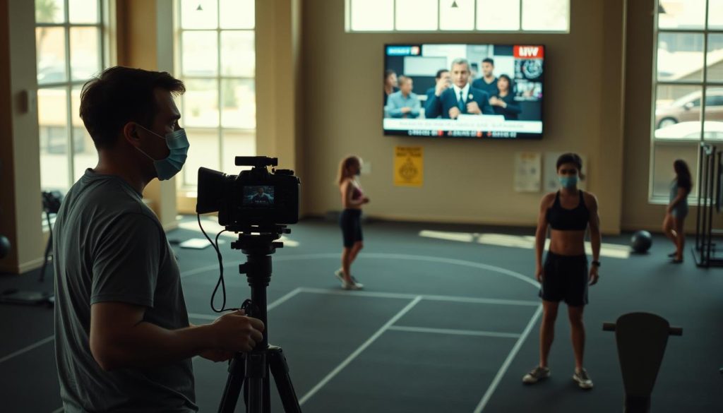 A sports documentary set during the COVID-19 pandemic, captured with a cinéma vérité style. In the foreground, a small film crew meticulously documents an athlete's daily training regimen, their masks and distanced interactions highlighting the challenges of the era. The middle ground reveals a mostly empty gym, save for a handful of dedicated individuals maintaining their fitness routines. In the background, a muted television screen displays news coverage of the ongoing global health crisis, creating a somber, reflective atmosphere. Natural lighting filters in through large windows, casting a warm, contemplative glow over the scene. The overall mood is one of resilience and determination, as the subjects navigate the new normal imposed by the pandemic. A sports documentary set during the COVID-19 pandemic, captured with a cinéma vérité style. In the foreground, a small film crew meticulously documents an athlete's daily training regimen, their masks and distanced interactions highlighting the challenges of the era. The middle ground reveals a mostly empty gym, save for a handful of dedicated individuals maintaining their fitness routines. In the background, a muted television screen displays news coverage of the ongoing global health crisis, creating a somber, reflective atmosphere. Natural lighting filters in through large windows, casting a warm, contemplative glow over the scene. The overall mood is one of resilience and determination, as the subjects navigate the new normal imposed by the pandemic.