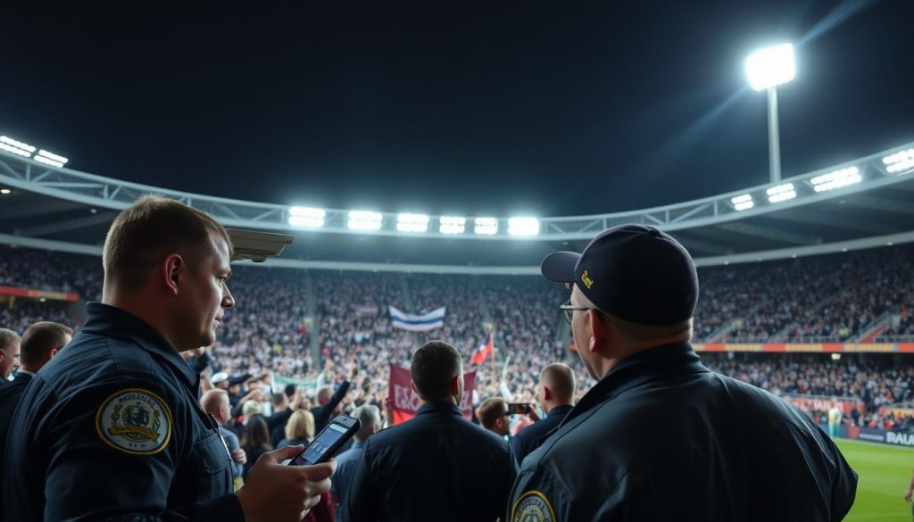 A sports stadium at night, brightly lit by floodlights and security cameras. In the foreground, a group of security personnel scanning the crowd with handheld devices, their vigilant expressions conveying a sense of heightened awareness. In the middle ground, fans cheering and waving banners, their faces obscured by the shadows cast by the surveillance equipment. The background shows the expansive seating area, with strategically placed CCTV cameras monitoring the activity below. The overall atmosphere is one of heightened security, with a palpable tension underlying the celebratory mood of the event. A sports stadium at night, brightly lit by floodlights and security cameras. In the foreground, a group of security personnel scanning the crowd with handheld devices, their vigilant expressions conveying a sense of heightened awareness. In the middle ground, fans cheering and waving banners, their faces obscured by the shadows cast by the surveillance equipment. The background shows the expansive seating area, with strategically placed CCTV cameras monitoring the activity below. The overall atmosphere is one of heightened security, with a palpable tension underlying the celebratory mood of the event.