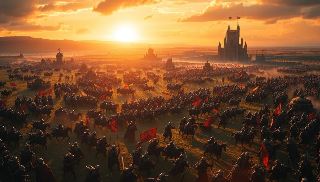 A sprawling battlefield where history and fiction collide, illuminated by the warm glow of a setting sun. In the foreground, iconic leaders from epic tales engage in a strategic dance, commanding armies of fantastical creatures and legendary warriors. The middle ground teems with the clash of steel, the roar of ancient beasts, and the clash of brilliant tactical maneuvers. In the distant background, towering citadels and sweeping landscapes merge, blending the realms of strategy games and heroic narratives. Dramatic lighting casts dramatic shadows, heightening the sense of tension and drama. Lens flare and depth of field blur the edges, drawing the viewer's eye to the central tableau of this captivating crossover.